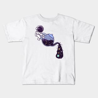 Cute Astronaut Pouring Space From Teapot Cartoon Kids T-Shirt